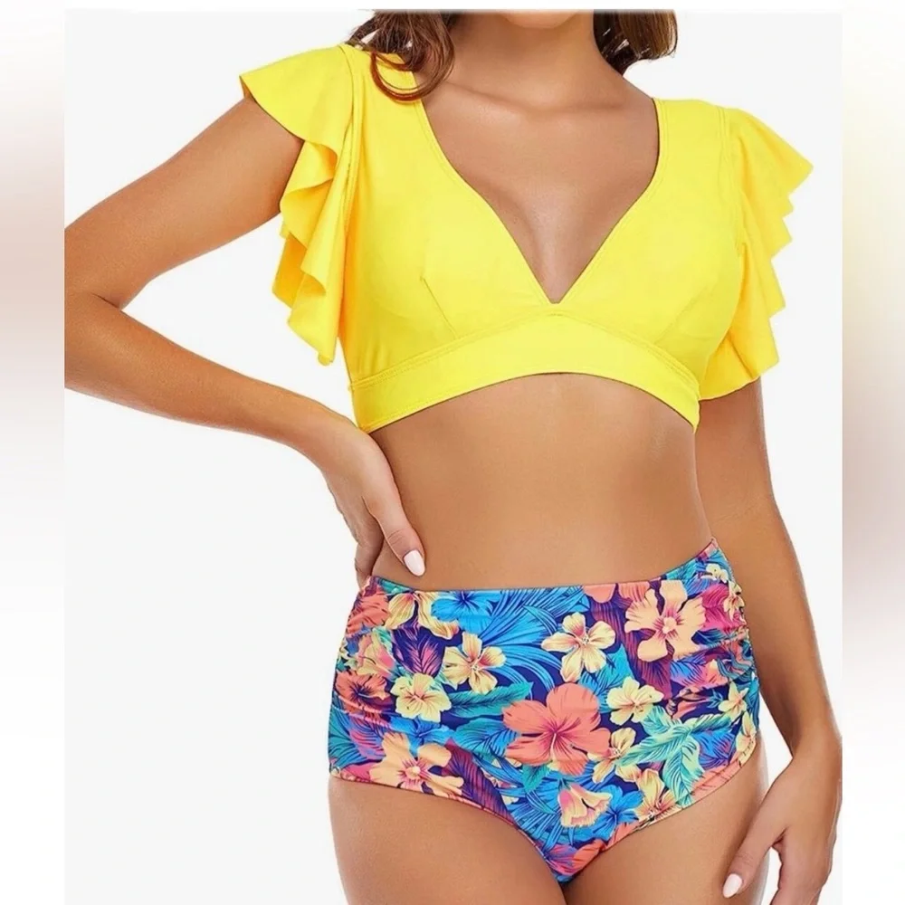 Tropical ruffle bikini high waist size medium